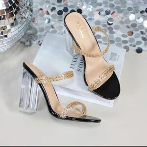 Black and Gold Women's Heeled Sandals